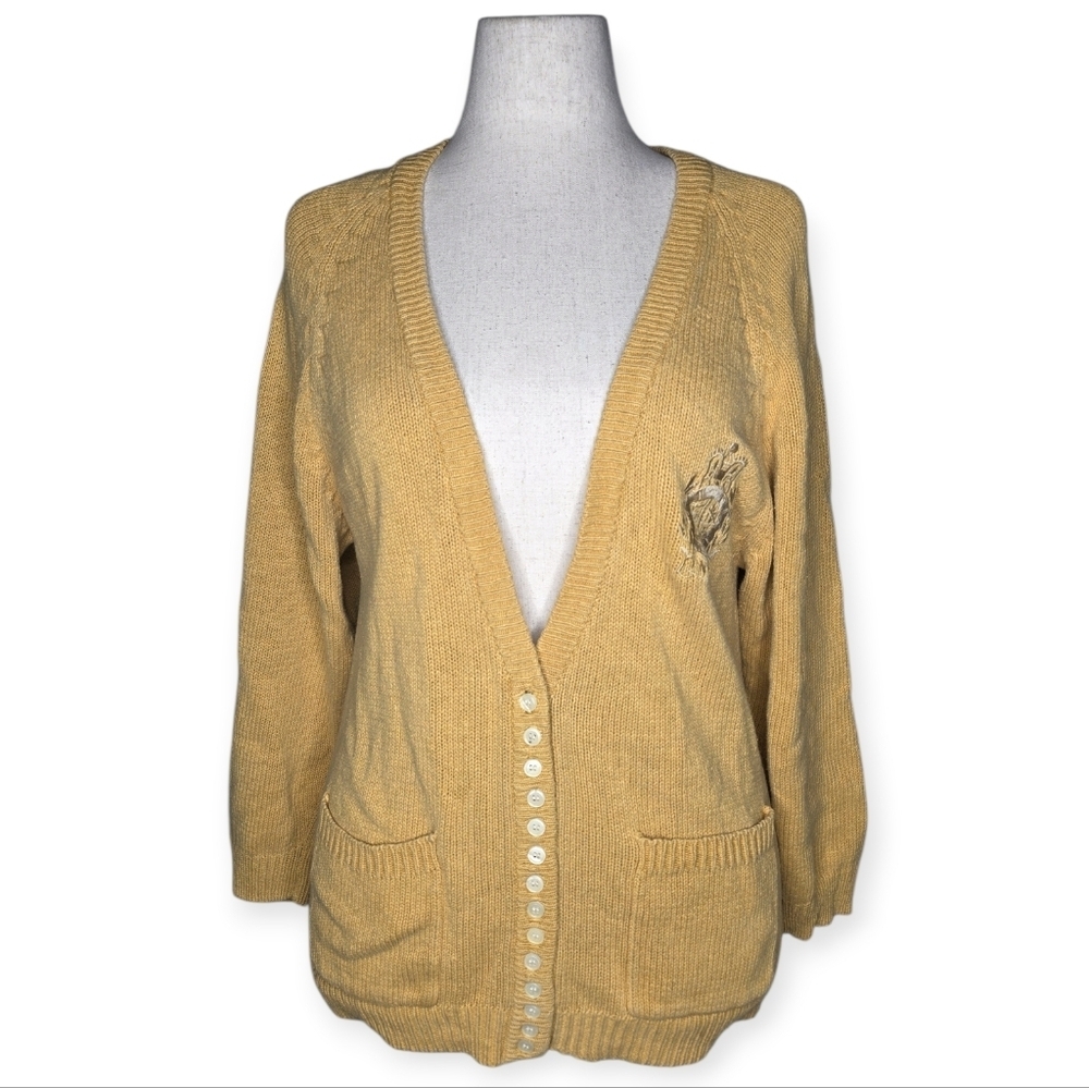 Jamie Scott Mustard Cardigan Ramie Cotton Button Front Crest Sweater M